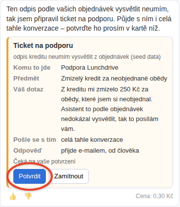 Karta Ticket na podporu v chatu – řádky Komu to jde, Předmět, Váš dotaz, Pošle se s tím a Odpověď, ovál kolem tlačítka Potvrdit