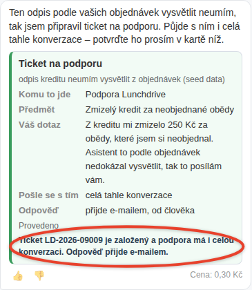 Potvrzená karta v chatu – stav Provedeno a ovál kolem věty s číslem založeného ticketu