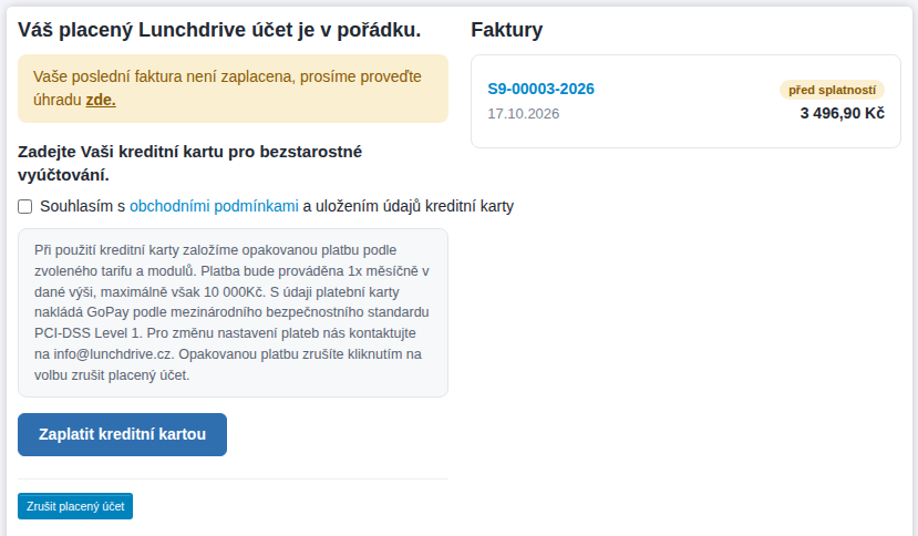Předplatné s placeným tarifem: stav účtu, platba kartou a faktury