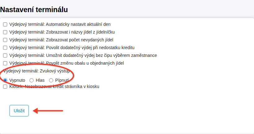 Nastavení zvukového výstupu pro všechny výdejové terminály
