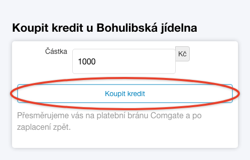 Rámeček Koupit kredit s polem Částka a tlačítkem Koupit kredit